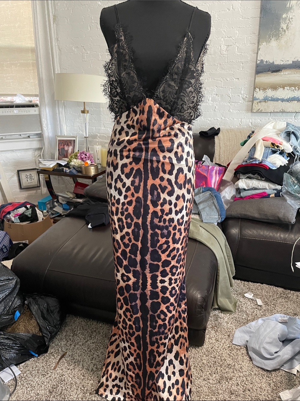 Mew mew Black Lace & Leopard Print Satin Slip Dress